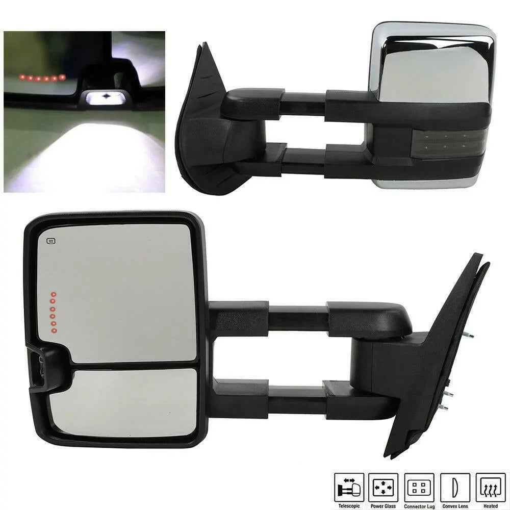 Power Heated Chrome Towing Mirrors For Chevrolet Gmc Led Signal&Backup Lamp