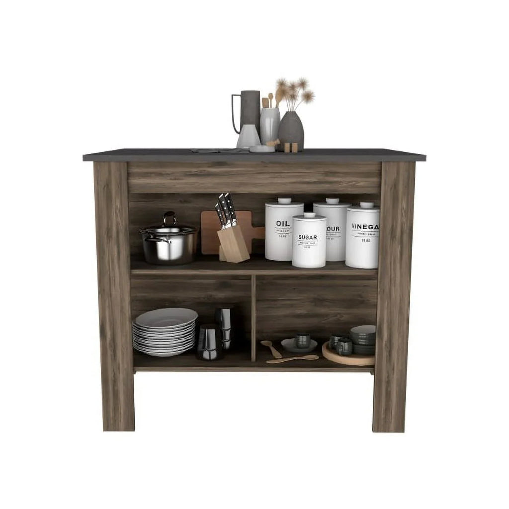 FM FURNITURE Brooklyn Modern Minimal Kitchen Island with Three Concealed Shelves