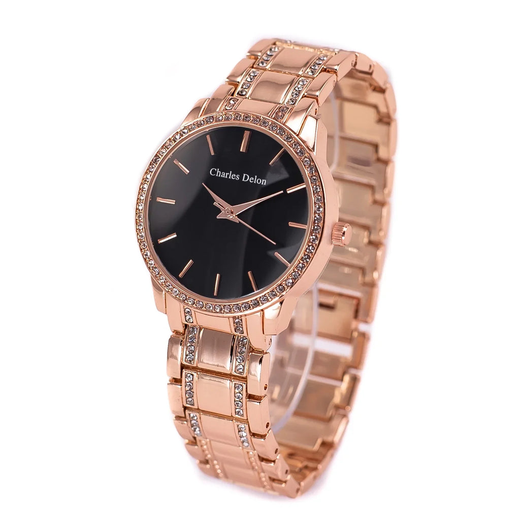 Charles Delon Women's Watch 5855 LRBW Rose Gold/Black Stainless Steel Quartz