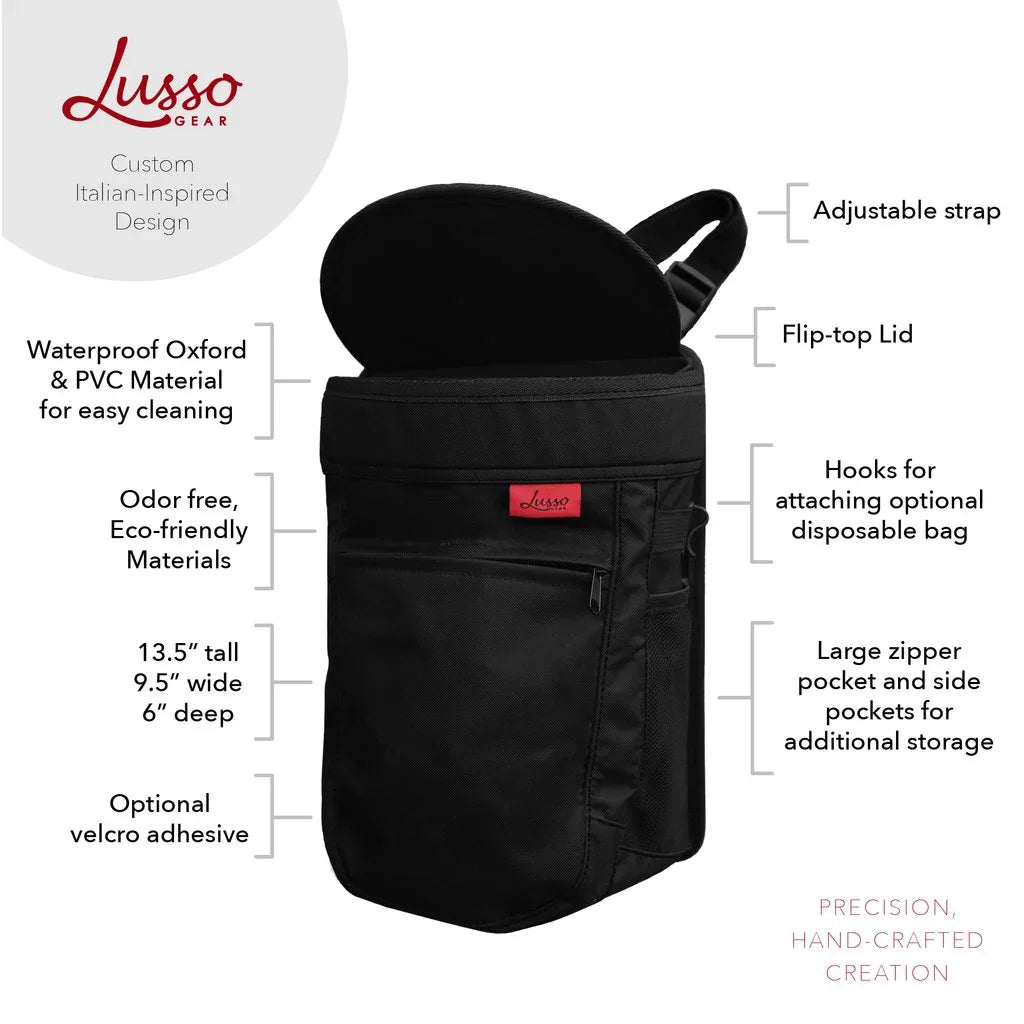 Lusso Gear | Car Trash Can | Hanging, Leakproof Vinyl Garbage Bin with Removable Liner | Large Capacity, Flip Open Lid | Hang or Mount | 2.5 Gallon, Black with Red Stitching