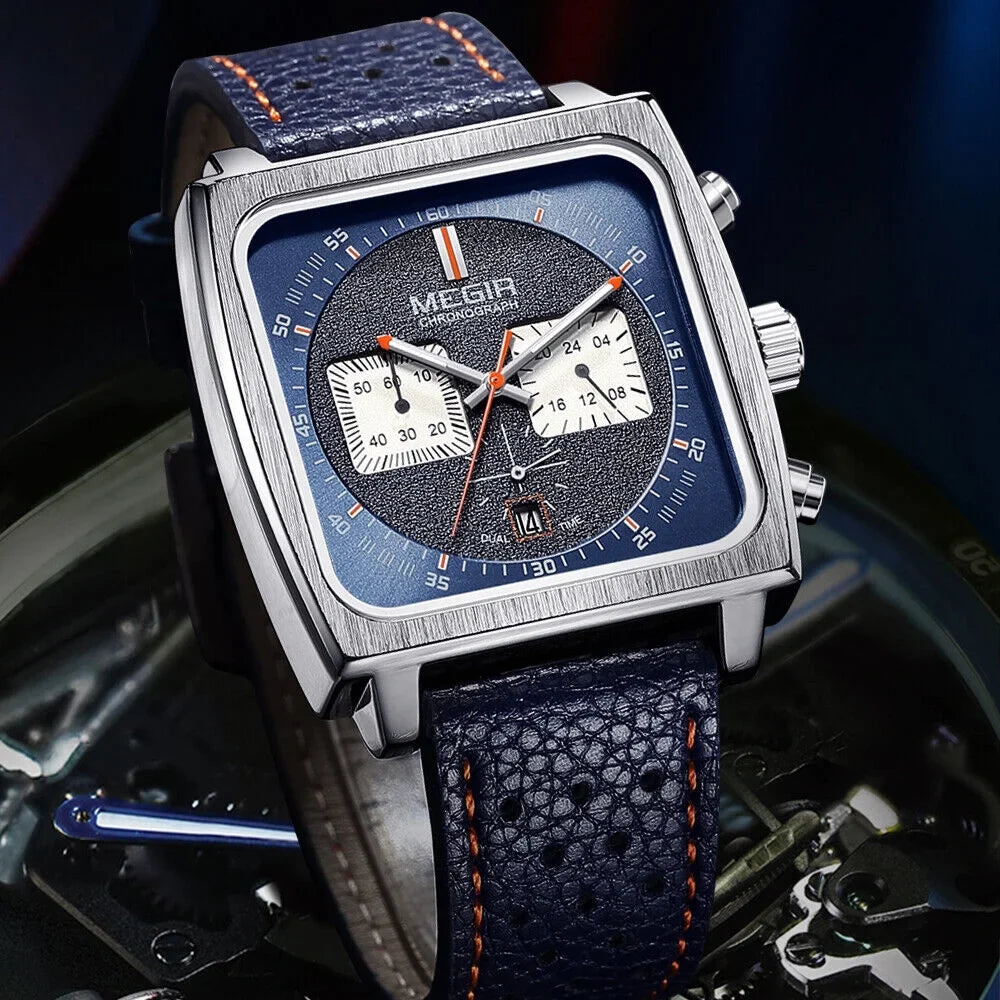 KingFurt MEGIR Liquid Blue Square Dial Quartz Watch - Luminous, Date Display - Men's Leather Watch