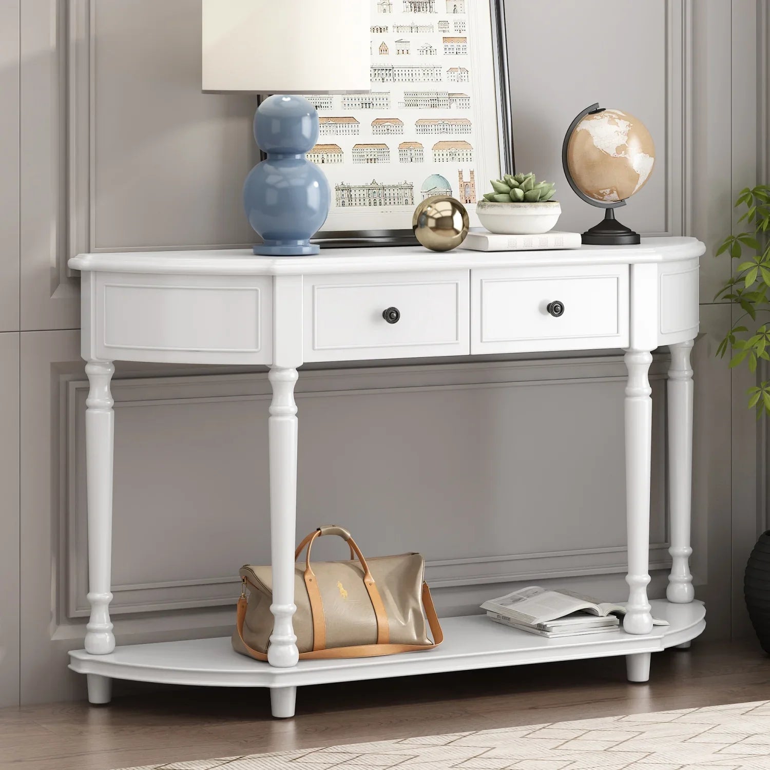 TREXM Retro Circular Curved Design Console Table with Open Style Shelf Solid Wooden Frame and Legs Two Top Drawers (White OLD SKU WF298768AAK)