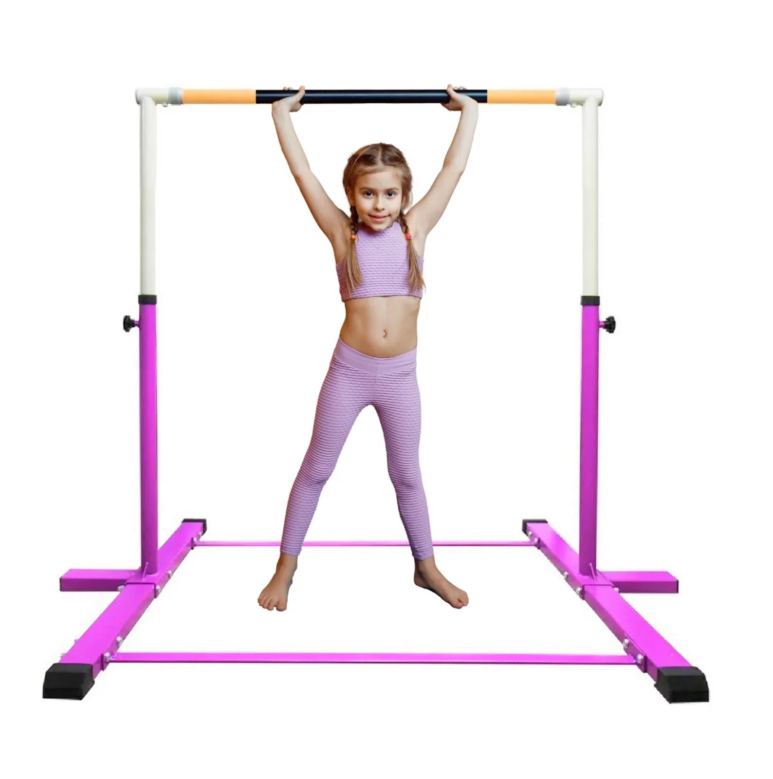 Iron Form Gymnastics Bar Horizontal Kip Bar for Gymnasts Junior Training Expandable Height, Heavy Duty Jungle Gym Exercise Bar for Children and Adults, Adjustable Height 3 to 5 FT Gymnastic Bar, PINK
