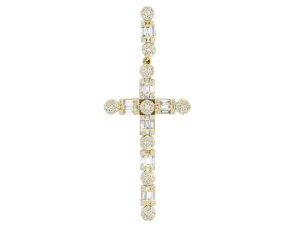 Unisex 10K Yellow Gold Real Diamond Flower Cluster Baguette Cross 2" 1.2CT