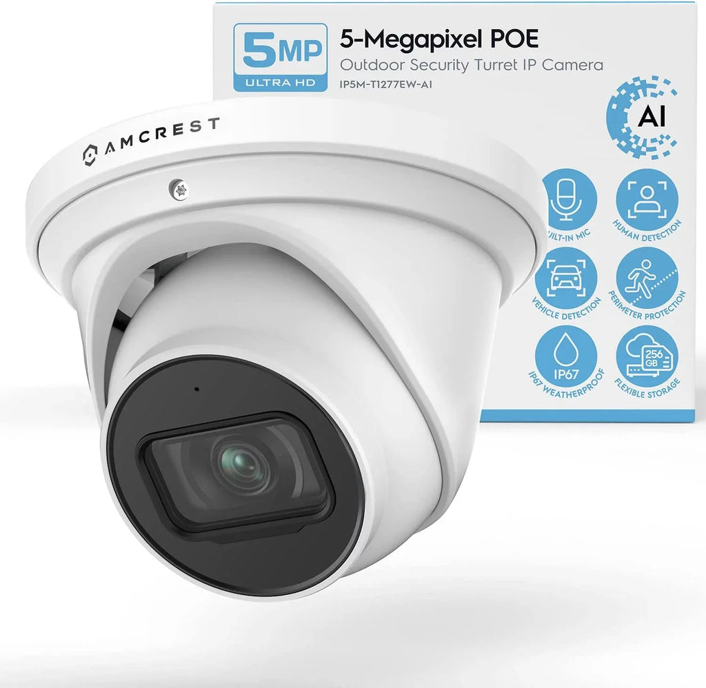 Amcrest AI Turret IP PoE Camera w/ 164ft Nightvision, Security IP Camera Outdoor, Built-in Microphone, Human & Vehicle Detection, 129° FOV, 5MP@20fps IP5M-T1277EW-AI