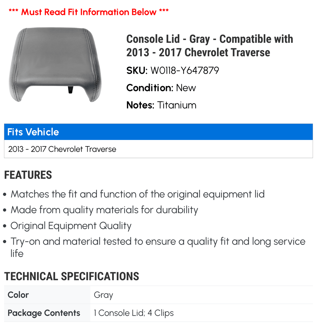 Console Lid - Gray - Compatible with 2013 - 2017 Chevy Traverse 2014 2015 2016