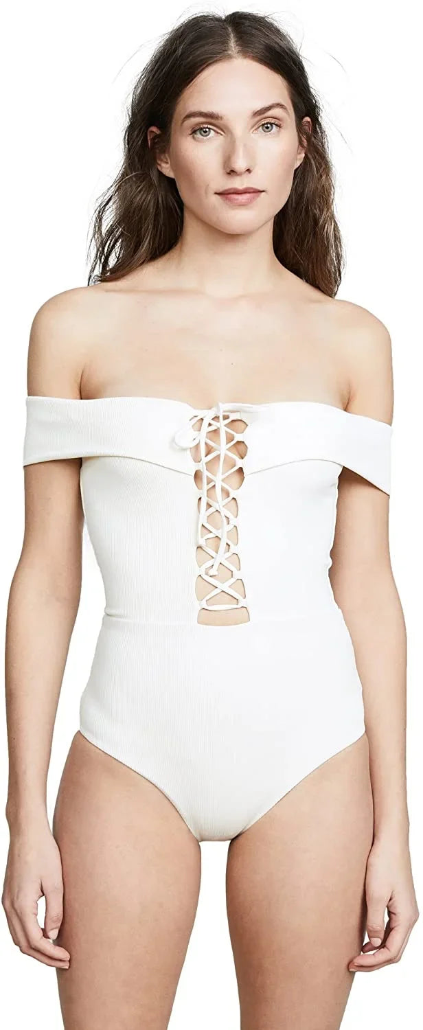 L*Space CREAM Ridin' High Anja Lace-Up Bandeau One Piece Swimsuit, US 12