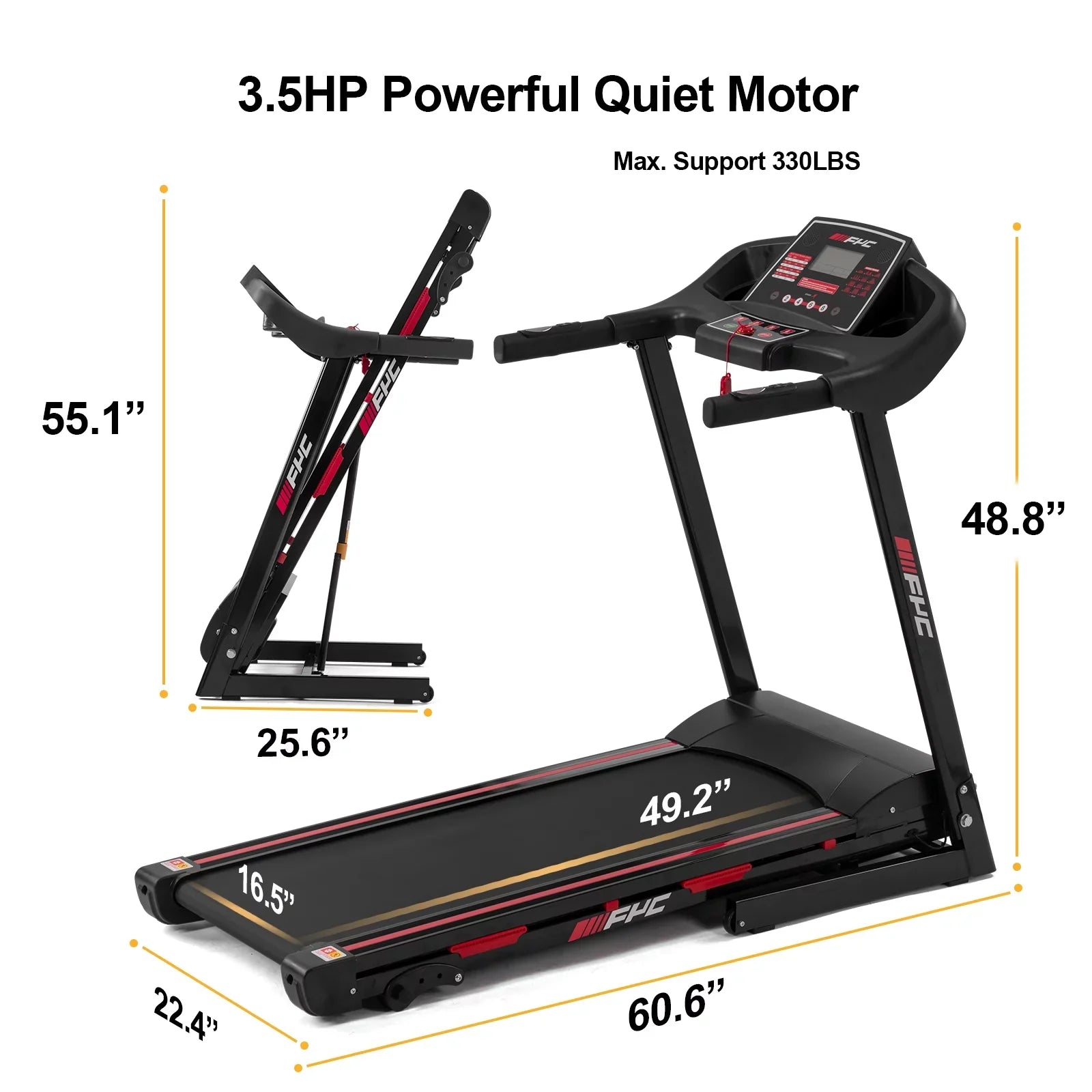 Dcenta FYC Folding Treadmill for Home - 330 LBS Weight Capacity Running Machine with Incline/, 3.5HP 16KM/H Max Speed Foldable Electric Treadmill Easily Assembly, Home Gym Workout Exercise