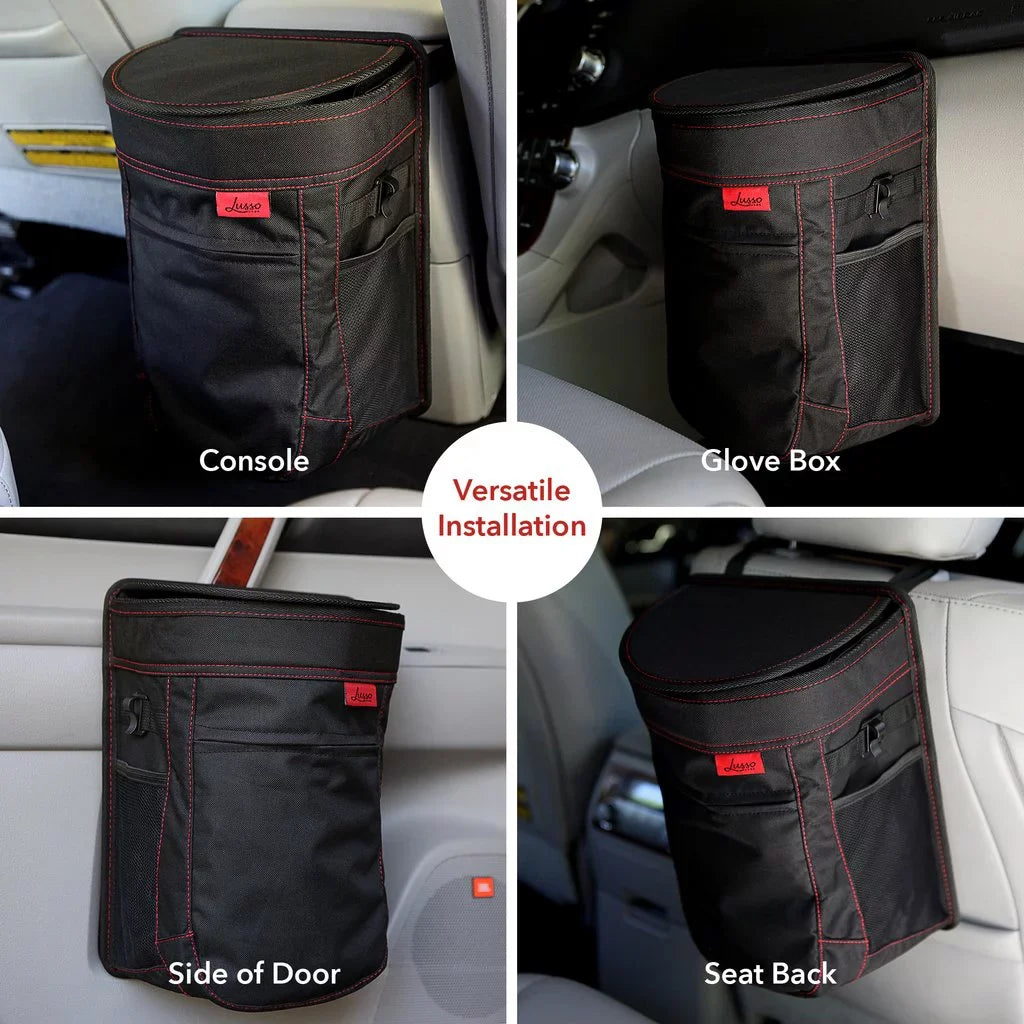 Lusso Gear | Car Trash Can | Hanging, Leakproof Vinyl Garbage Bin with Removable Liner | Large Capacity, Flip Open Lid | Hang or Mount | 2.5 Gallon, Black with Red Stitching