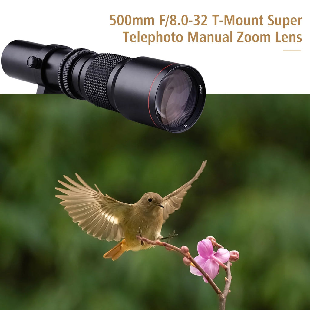 Aibecy 500mm F/8.0-32 Multi Coated Super Telephoto Lens Manual Zoom + T-Mount to NEX E-Mount Adapter Ring Kit Replacement for A9 A7 A7R A7S A5000 A6000 A6500 NEX-7 NEX-5 NEX-6 Cameras