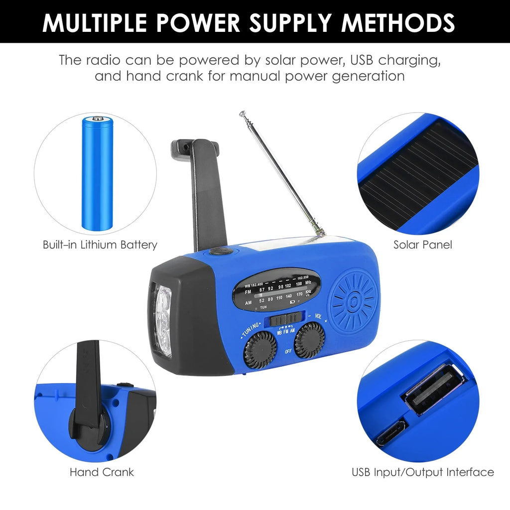 OWSOO Hand Crank Solar Weather AM / / NOAA Weather Rechargeable Portable Bank with Solar Charging & Hand Crank & Battery Operated Flashlight Cell Reading Lamp for Camping Hiking Adve