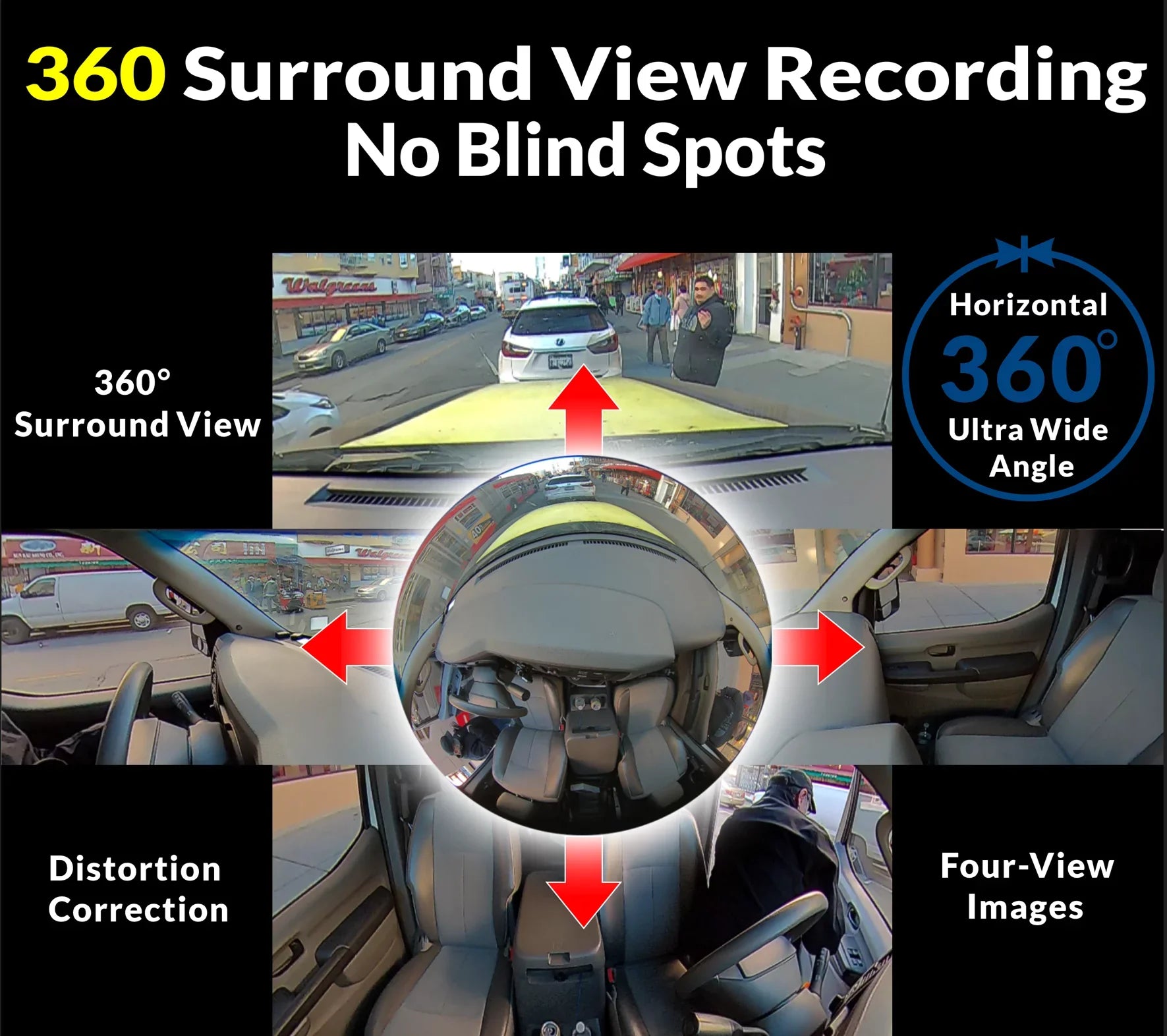 RYDEEN 360 View Surround View 4K Dash Camera 10-inch Monitor Frameless Rearview Mirror with TFT Monitor w/ Auto Brightness Day/Night, DIY Install, Backup Video-in
