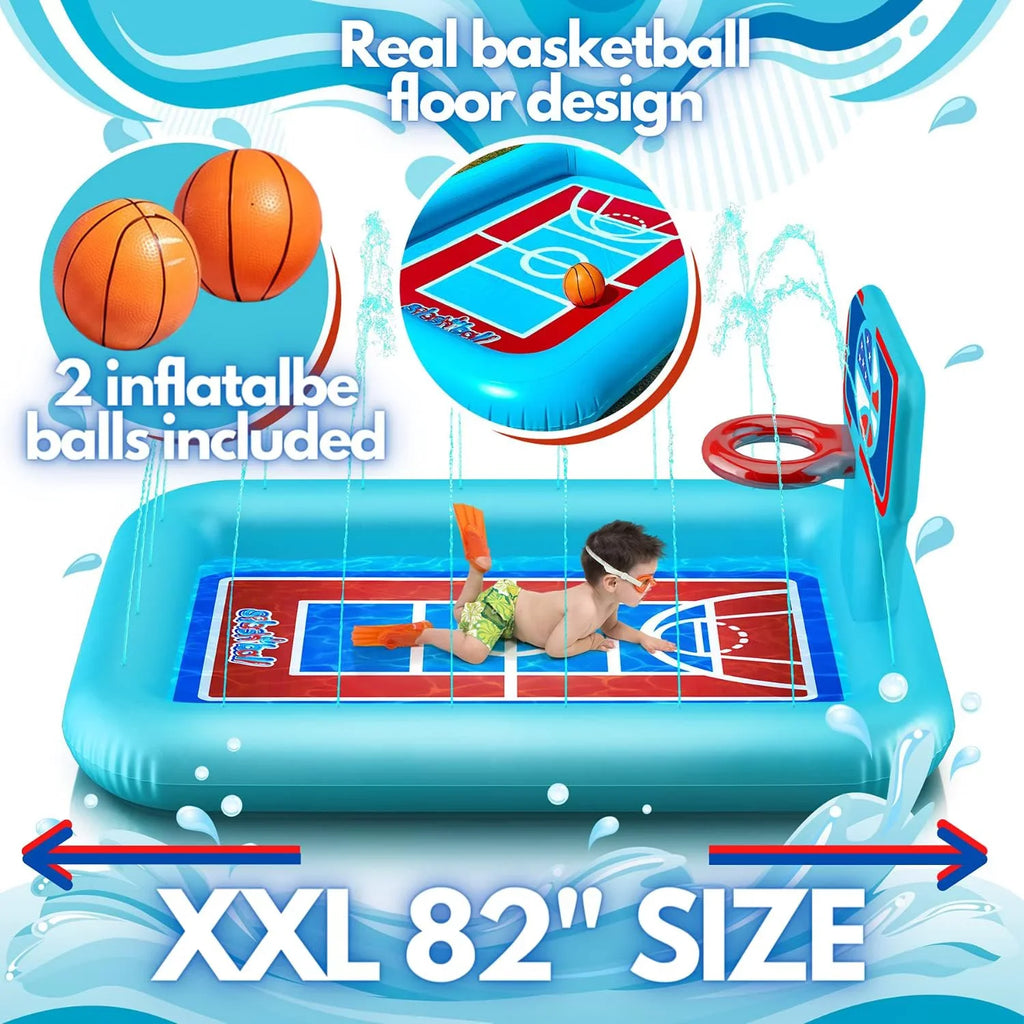 Splash Pool Pad With Sprinkler System, Hoop And 2 Inflatable Basketballs - Splash Pad For Kids - Kids Summer Toys And Fluid 82-inch.