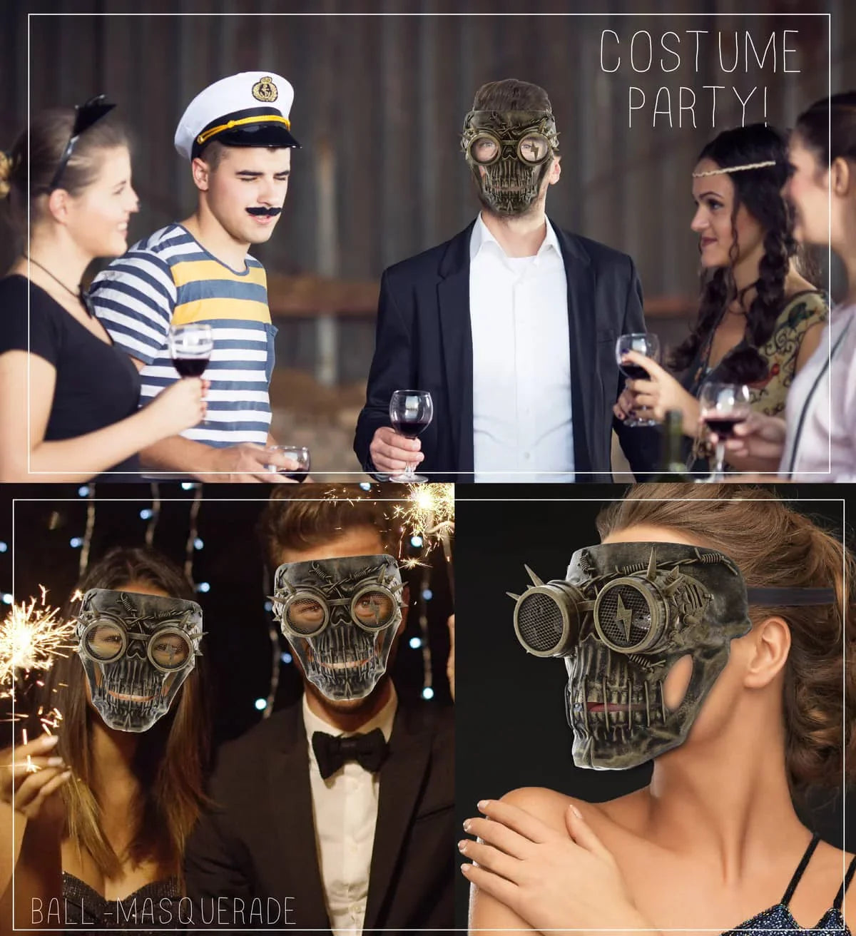 Attitude Studio Steampunk Wired Skeleton Full Face Mask Goggles Costume - Gold