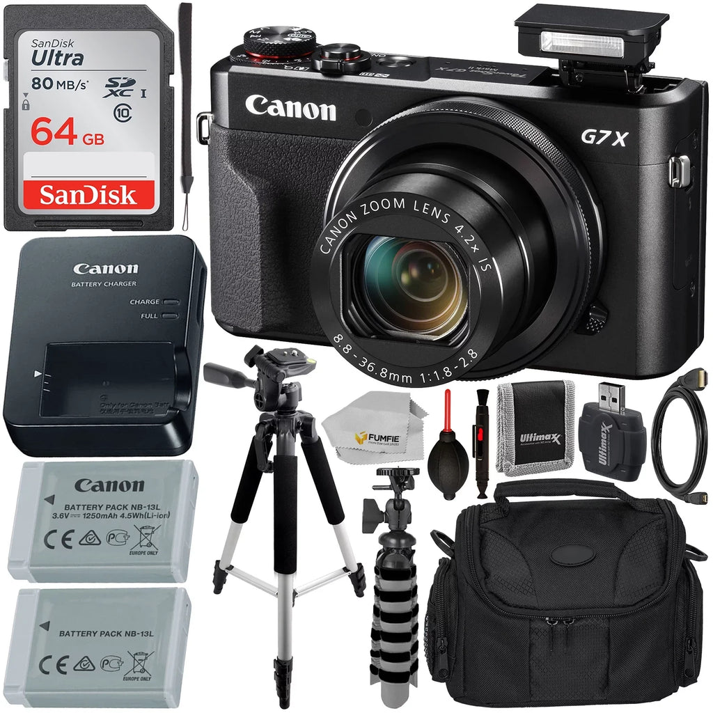PowerShot G7 X Mark II Digital Camera (Black) with Essential Accessory Bundle - Includes: SanDisk Ultra 64GB SDXC Memory Card, Extended Life Replacement Battery, Tripod, Carrying Case & More