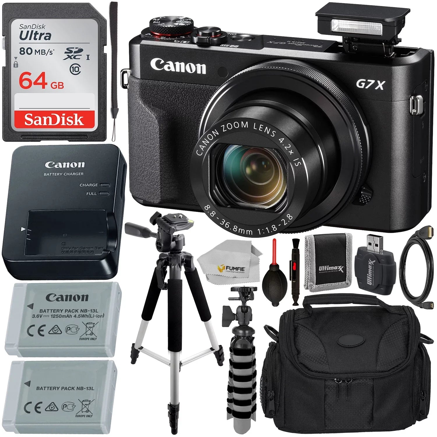 PowerShot G7 X Mark II Digital Camera (Black) with Essential Accessory Bundle - Includes: SanDisk Ultra 64GB SDXC Memory Card, Extended Life Replacement Battery, Tripod, Carrying Case & More