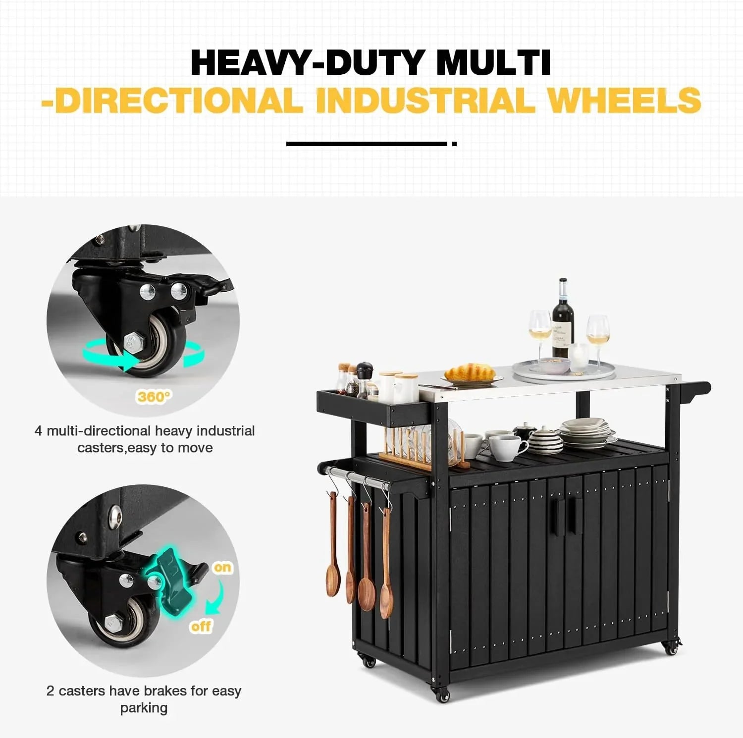 Kitchen Cart, HDPE Kitchen Island With Stainless Steel Top And Storage Cabinet, Rolling Island Table With Hooks, Spice Rack, Towel Rack, Black