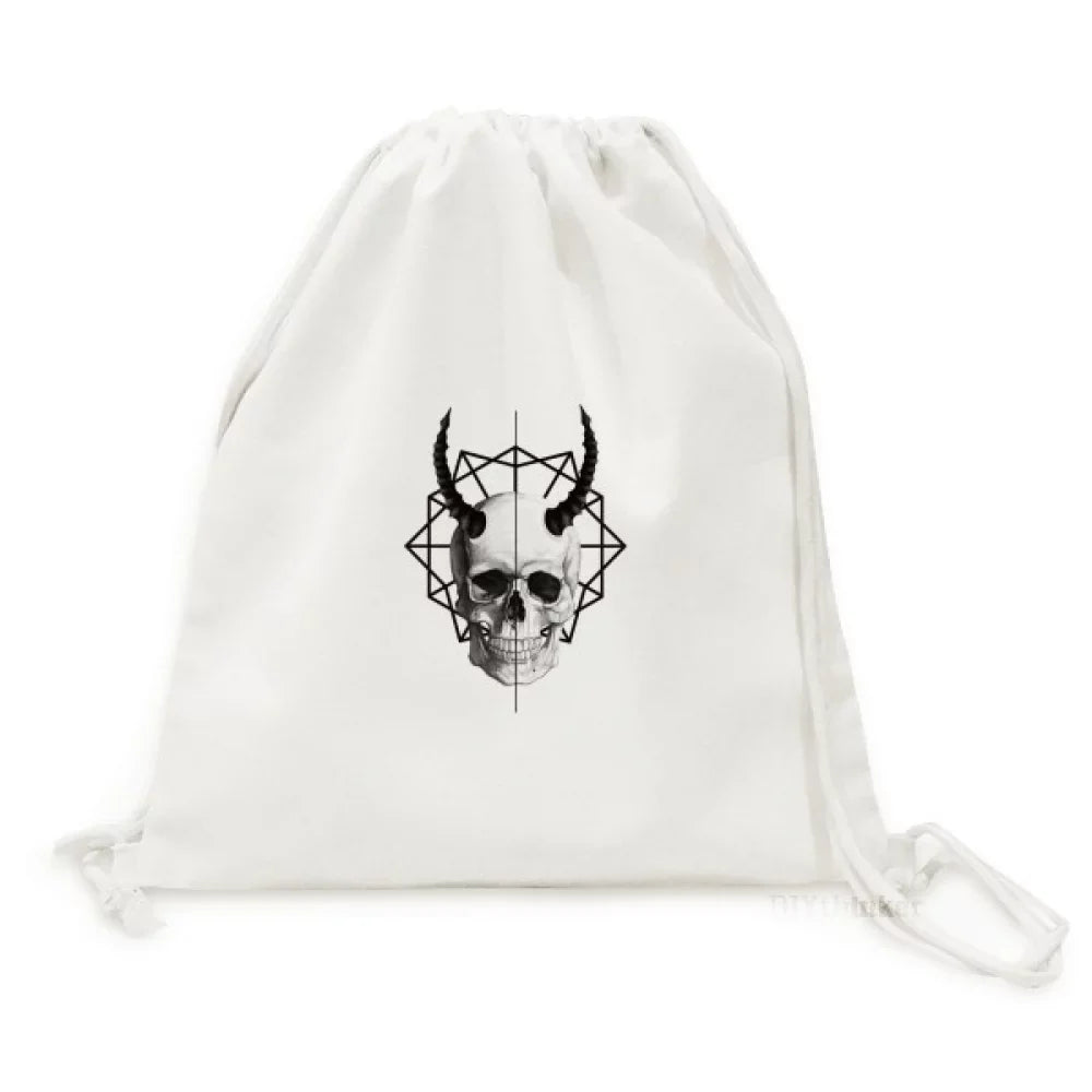 l Face Horn Line Art Deco Fashion Backpack Canvas Drawstring Reusable Mesh Shopping Bag