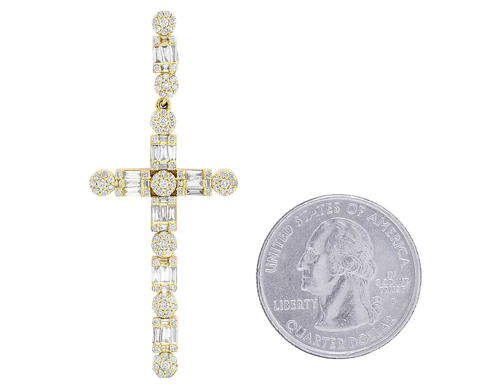 Unisex 10K Yellow Gold Real Diamond Flower Cluster Baguette Cross 2" 1.2CT