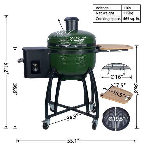 MADETEC 24" Ceramic Pellet Grill with 19.6" diameter Gridiron Double Ceramic Liner 4-in-1 Smoked Roasted BBQ Pan-roasted for Outdoors Patio,Green