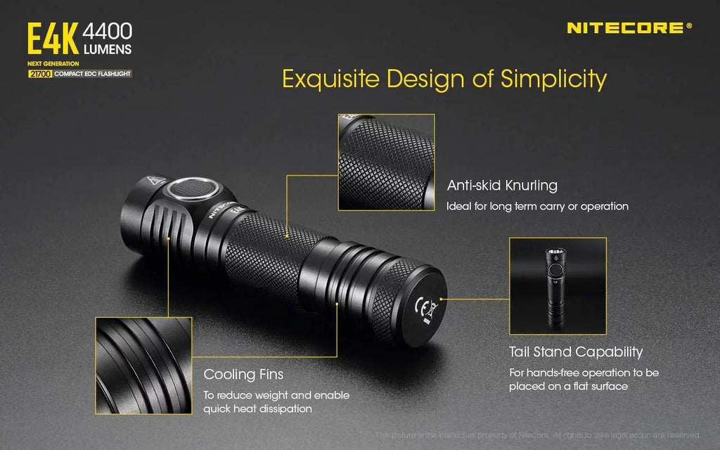 Combo: NITECORE E4K Compact EDC Flashlight - 4400 Lumens -1x NITECORE 21700 Battery Included w/Nitecore UT32 Dual Emitter Headlamp -1100 Lumens