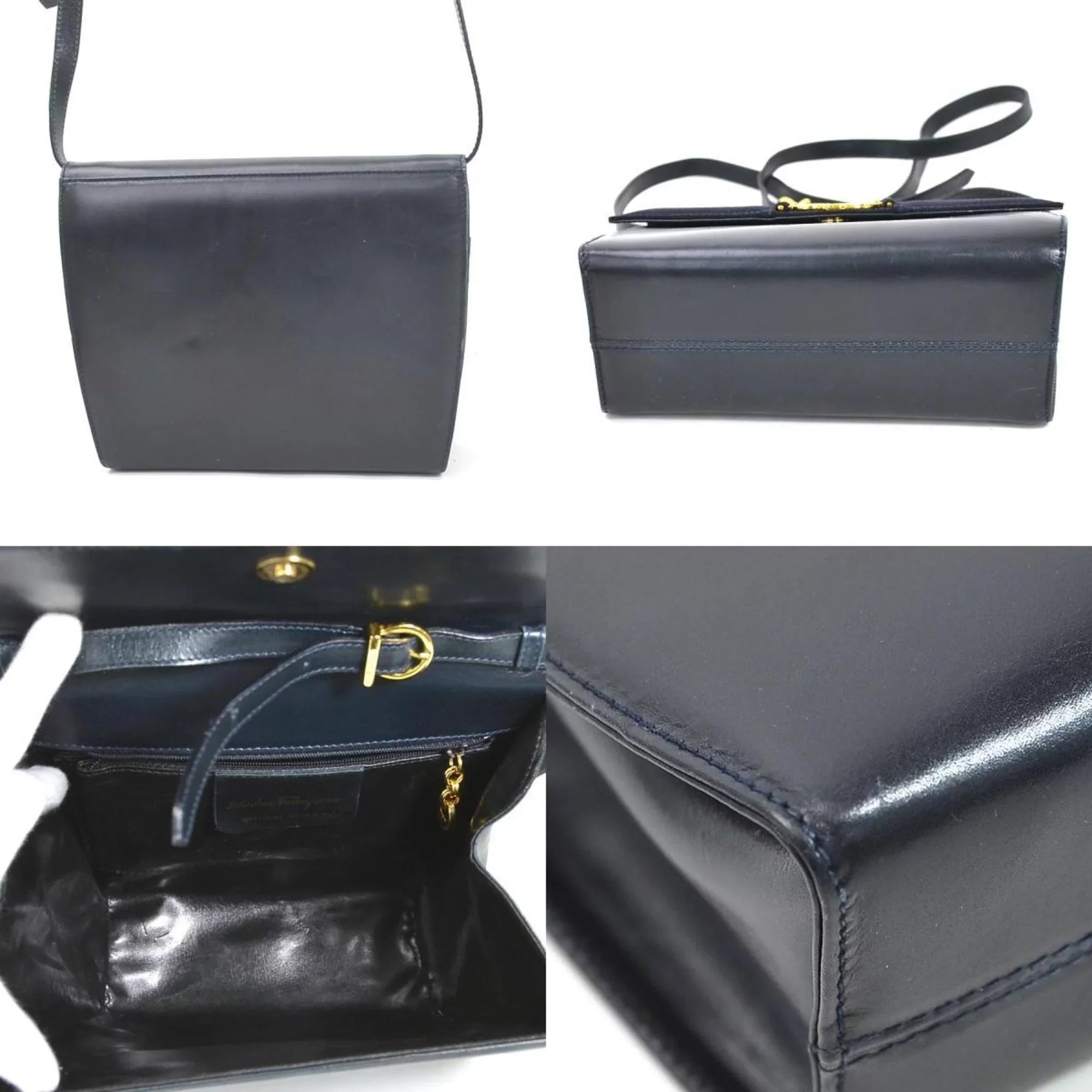 Pre-Owned Salvatore Ferragamo Shoulder Bag Gancini Leather Navy Gold Ladies (Good)