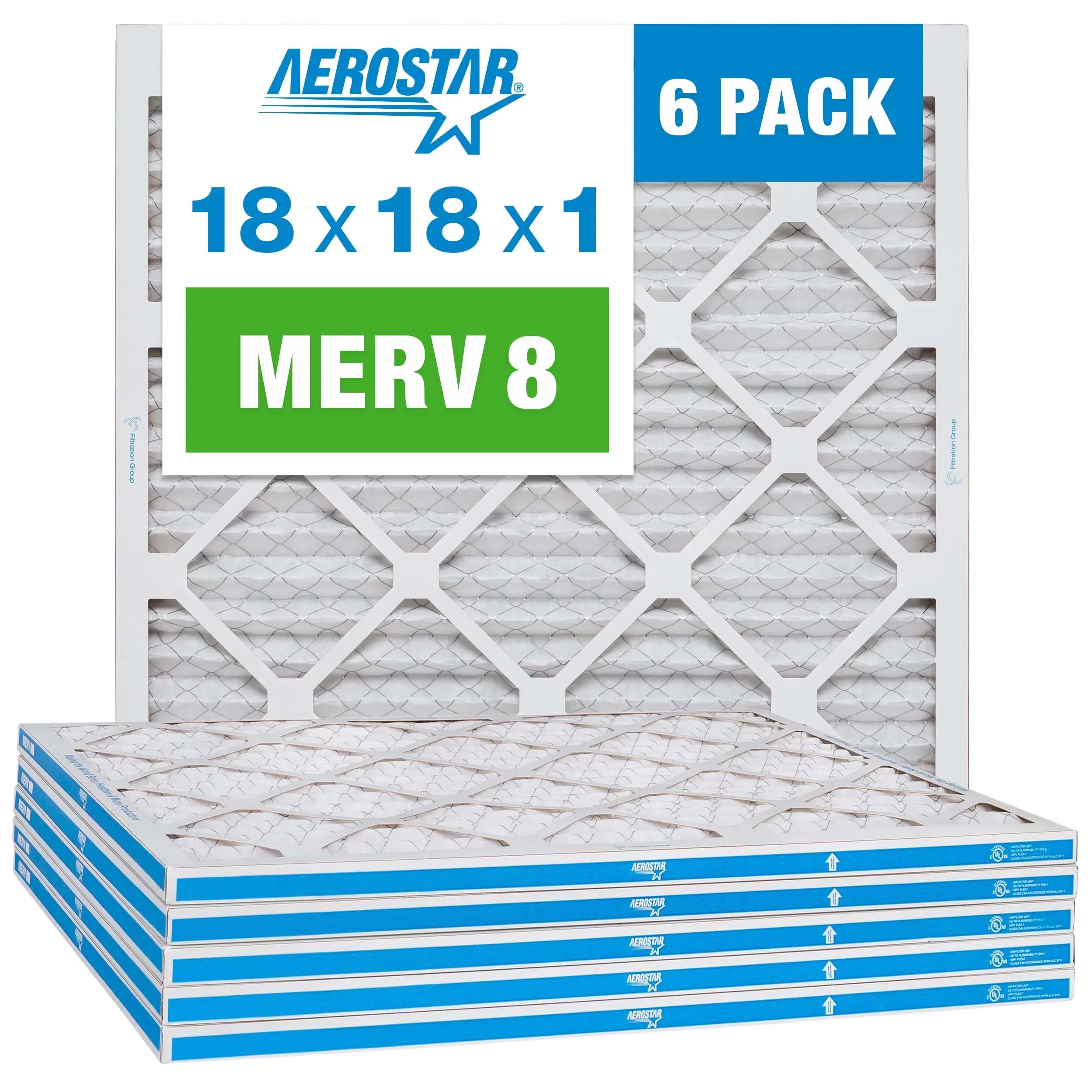 Aerostar 18x18x1 MERV 8 Pleated Air Filter, AC Furnace Air Filter, 6 Pack