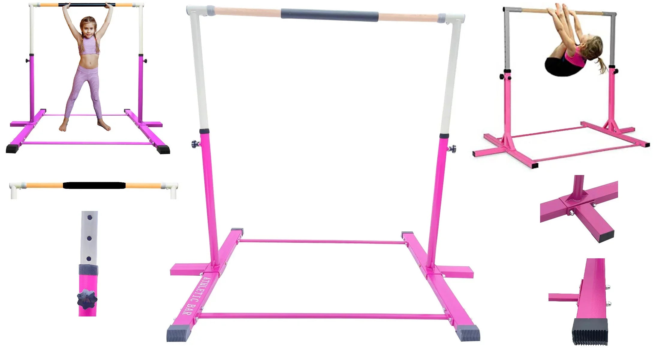 Iron Form Gymnastics Bar Horizontal Kip Bar for Gymnasts Junior Training Expandable Height, Heavy Duty Jungle Gym Exercise Bar for Children and Adults, Adjustable Height 3 to 5 FT Gymnastic Bar, PINK