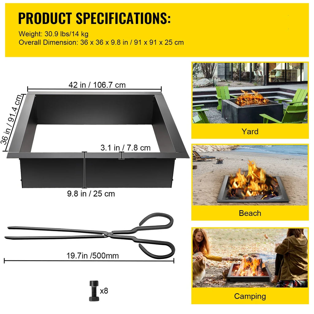 BENTISM Fire Pit Ring, 36" Square Fire Pit Insert, Heavy Duty Steel Fire Ring, DIY Bonfire Liner with Tongs Insert with Simple Installation for Outdoor, Patio, Backyard