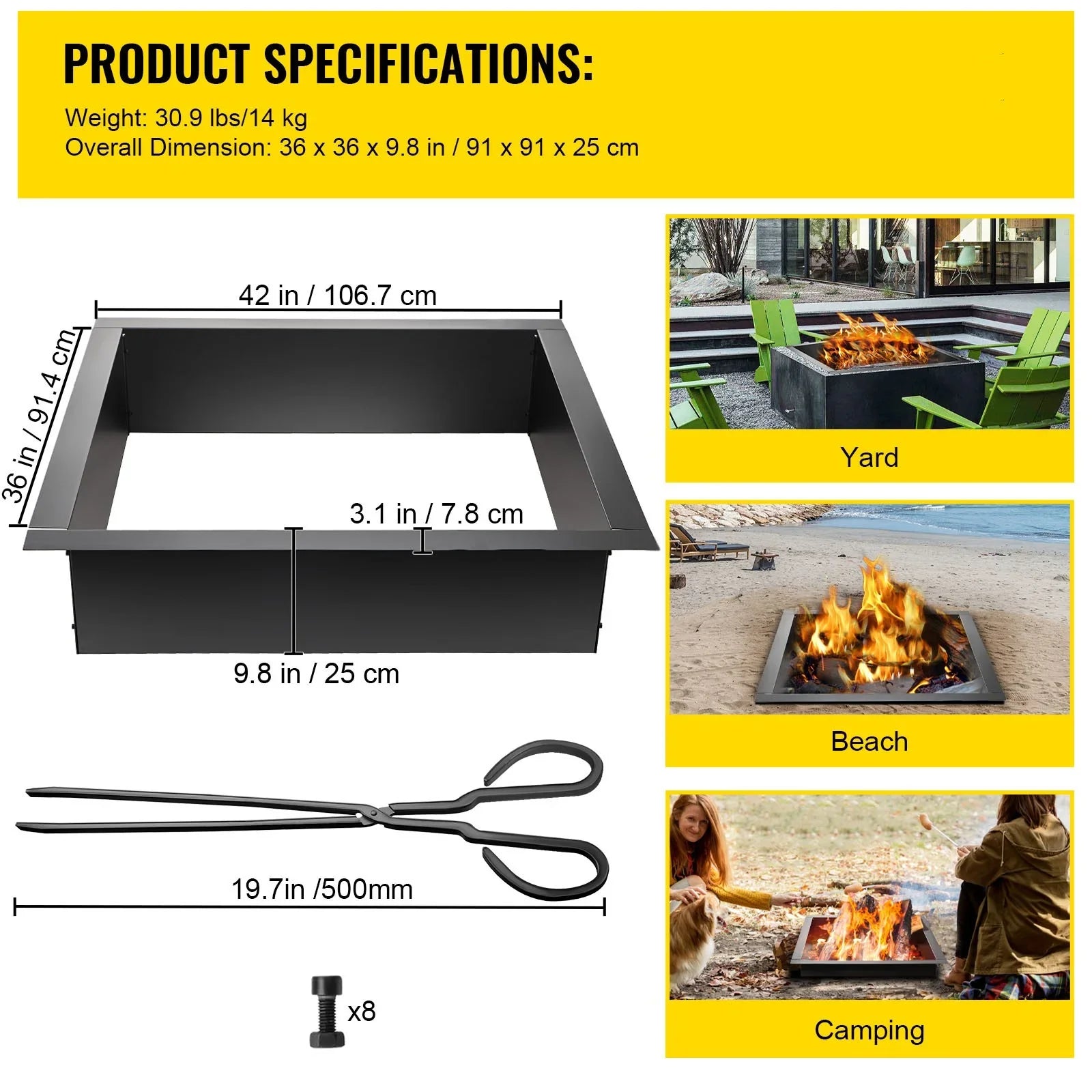 BENTISM Fire Pit Ring, 36" Square Fire Pit Insert, Heavy Duty Steel Fire Ring, DIY Bonfire Liner with Tongs Insert with Simple Installation for Outdoor, Patio, Backyard