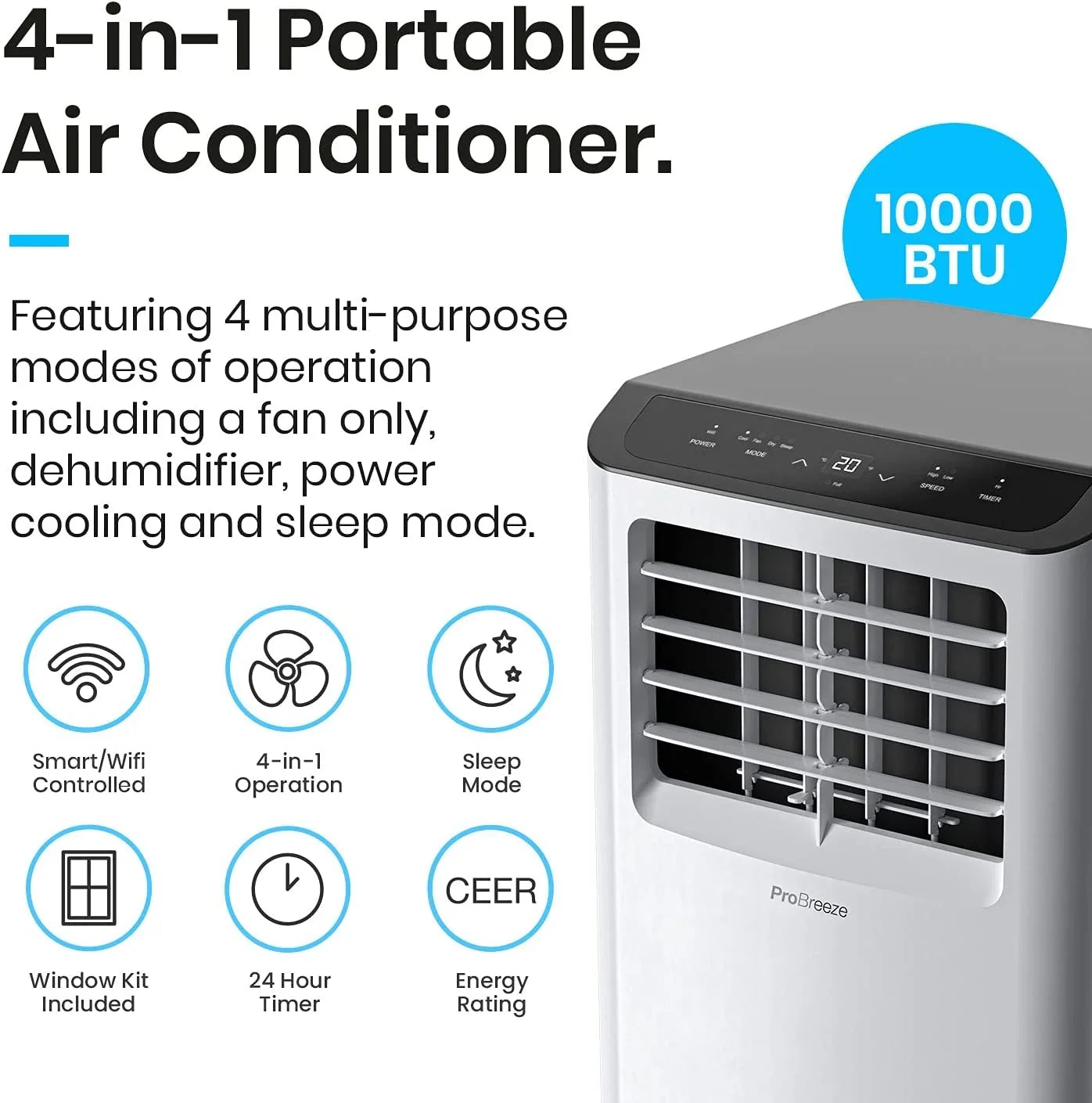 QCAI 4 in 1 Portable Air Conditioner for Room 10000 BTU 450SqFt Air Conditioning Unit, Smart Air Conditioner with Fan, Dehumidifier, Night, Timer, Window Venting Kit, Wifi Portable AC Unit