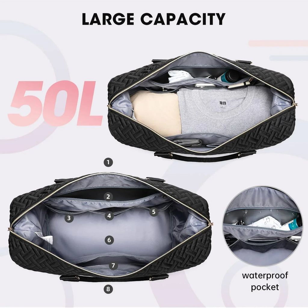 Duffle Bags for women,50L Quilted Travel Weekender Bag with Shoe Compartment, Large Carry On Overnight Tote Gym Bag with Toiletry Bag,Hospital Bags for Labor and Delivery,Black