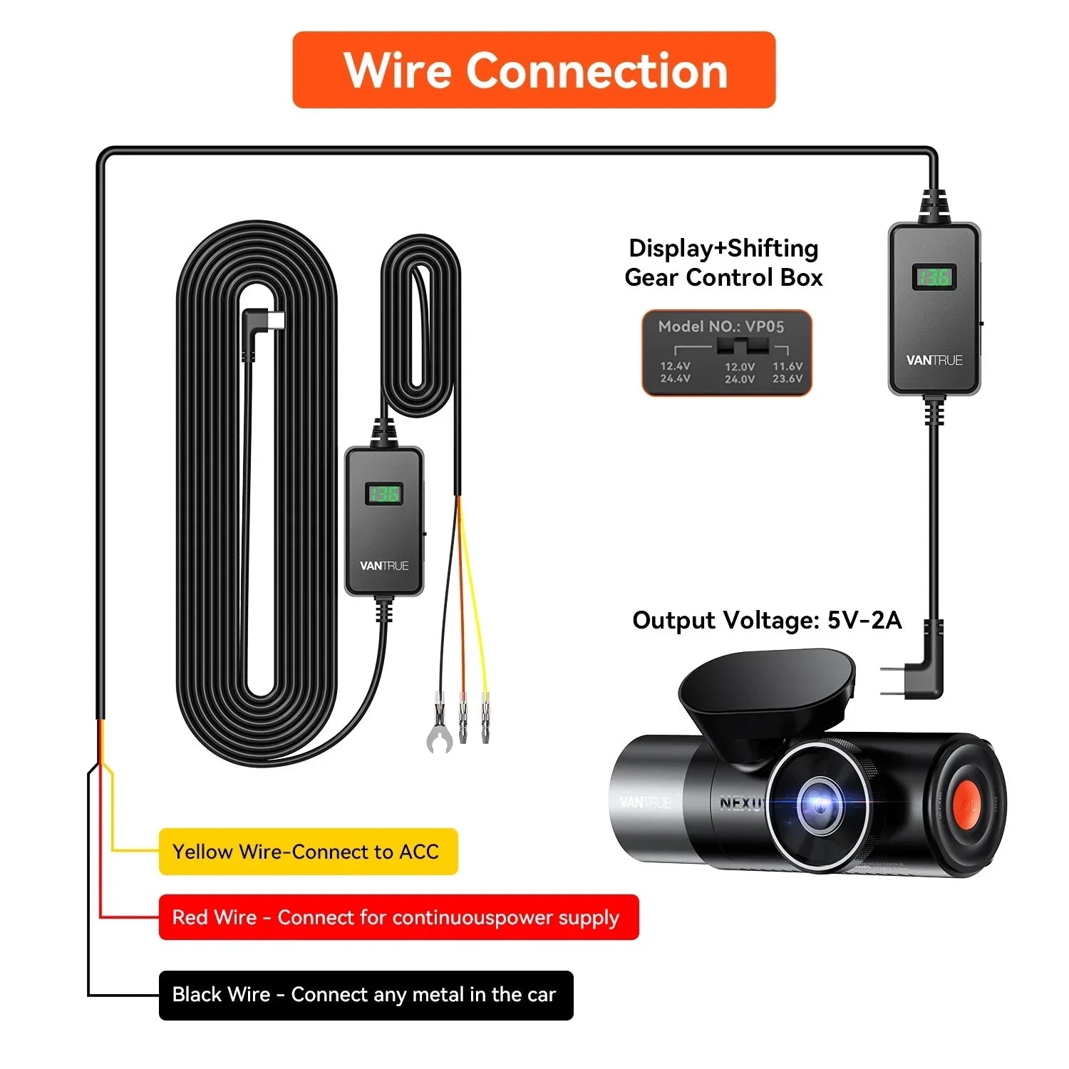 Vantrue Hardwiring Cable for USB-C Dashcams with LCD Monitor (See listing)