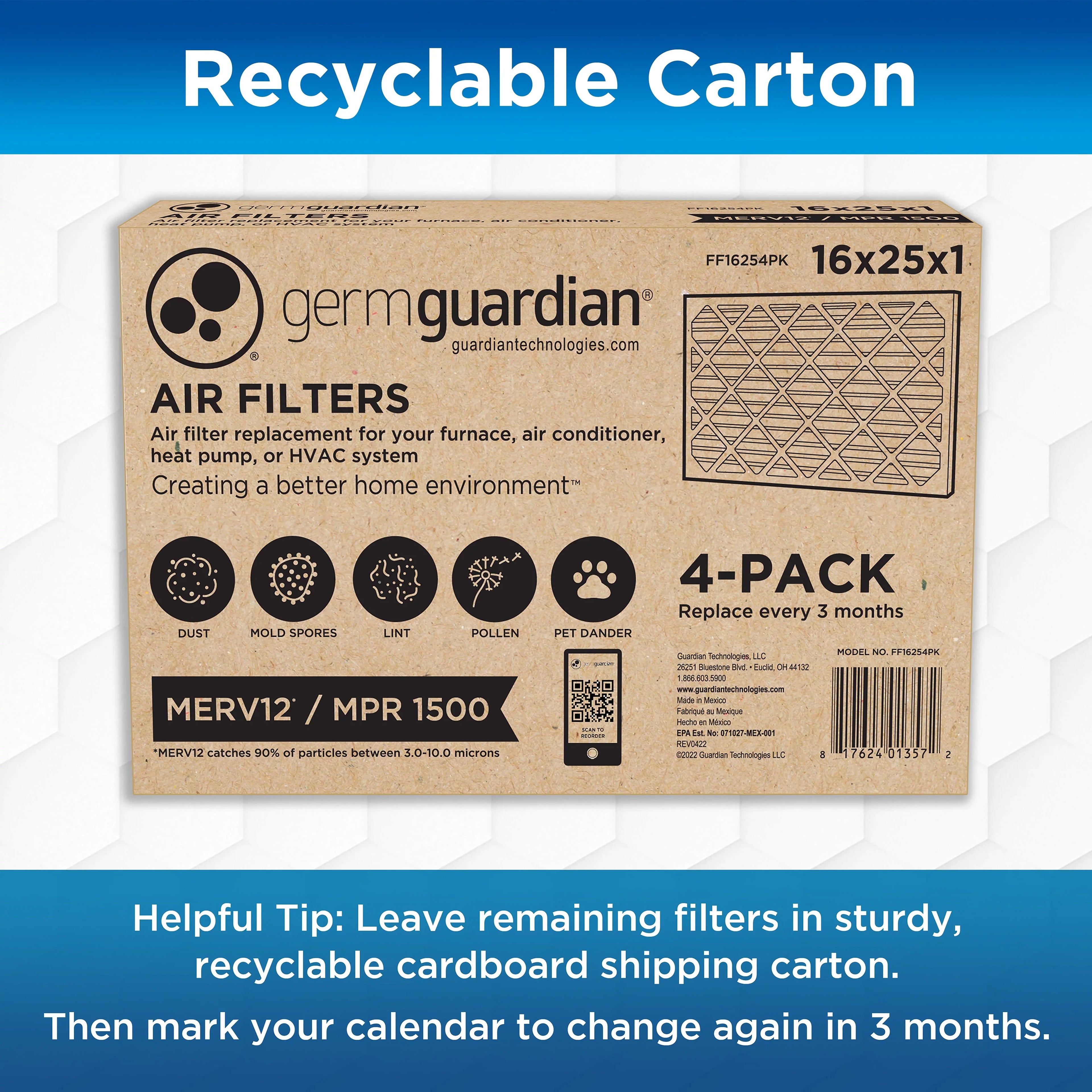 Germ Guardian 16x25x1 MERV 12 Pleated HVAC AC Furnace Air Filters (4-Pack)