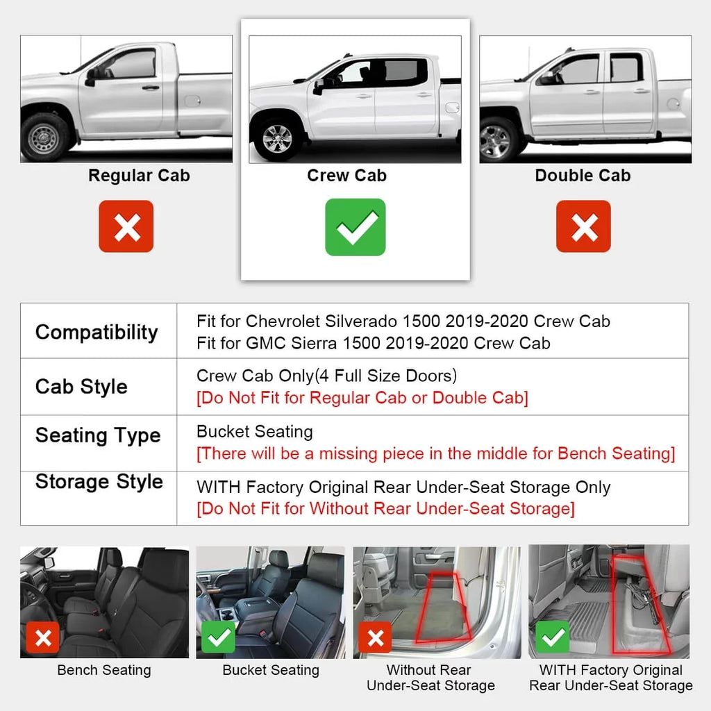 Lasfit Floor Mats for Chevrolet Silverado/GMC Sierra 1500 2019-2022 & 2500HD/3500HD 2020-2022 Crew Cab (Don't Fit Double Cab, Plastic Storage, Without Storage)