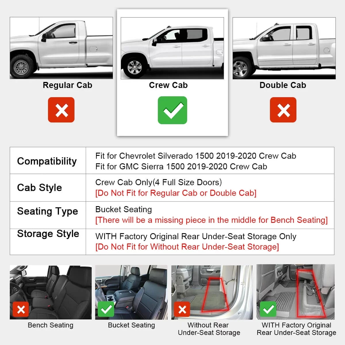 Lasfit Floor Mats for Chevrolet Silverado/GMC Sierra 1500 2019-2022 & 2500HD/3500HD 2020-2022 Crew Cab (Don't Fit Double Cab, Plastic Storage, Without Storage)