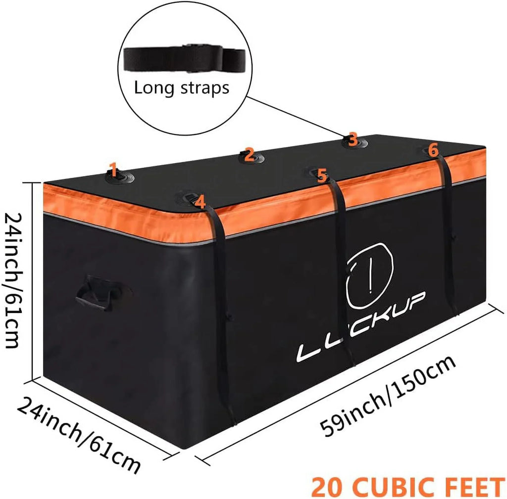 LUCKUP Trailer Hitch Cargo Bag Hitch Cargo Carrier Bag 20 Cubic Feet 100% Fluid Include 6 Reinforced Straps Reflective Strip Design, Fits All Vehicles with Steel Cargo Basket, 59Lx24Wx24H,560L