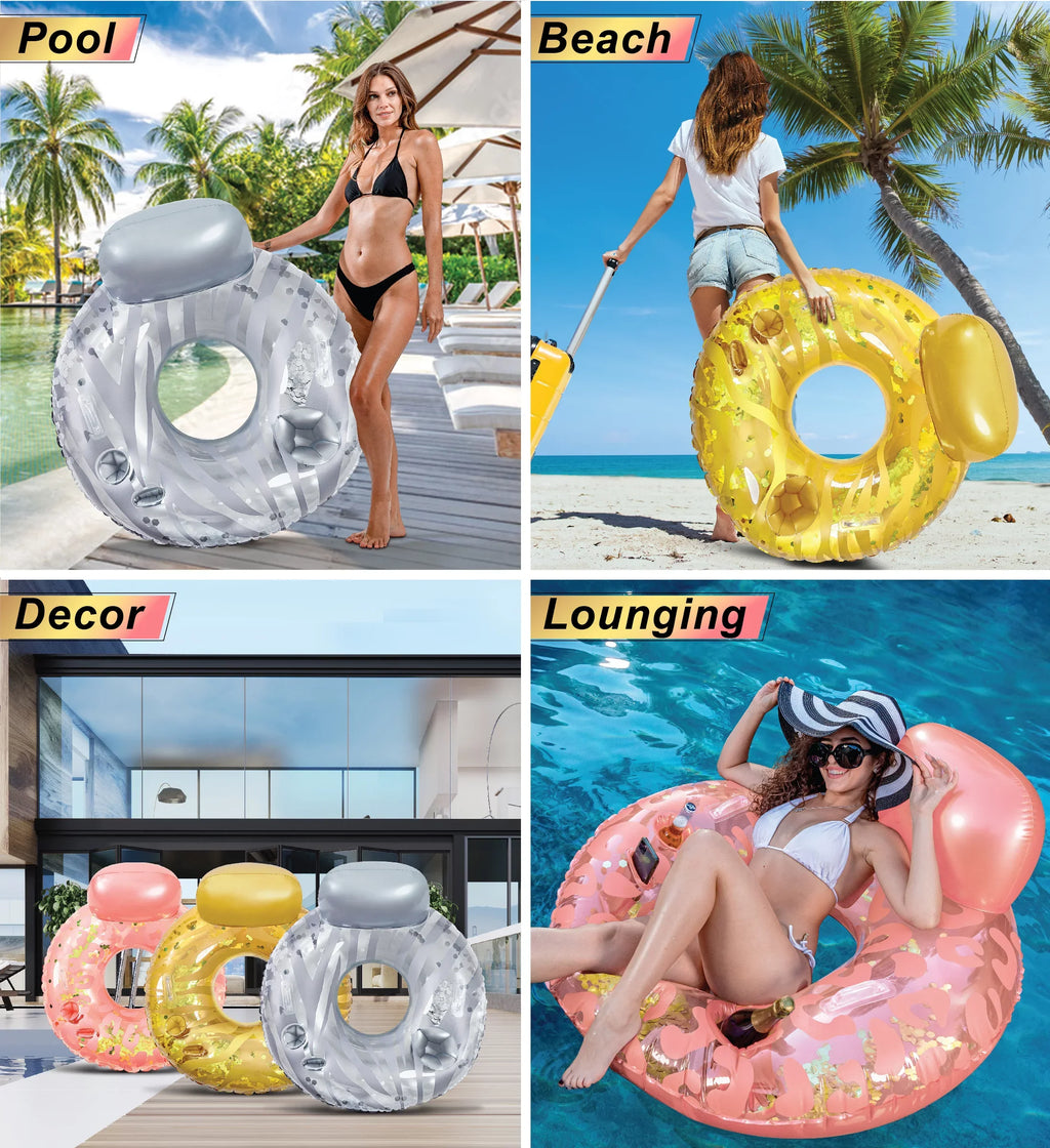 POZA Inflatable Luxury Tubes with Back Rest - Rose Gold, Gold, Silver Sparkle Confetti Filled Luxurious Lounger, Thick Pool Float Tubes, Built in Phone and Cup Holder with Handles, 42 Inch, Pack of 3