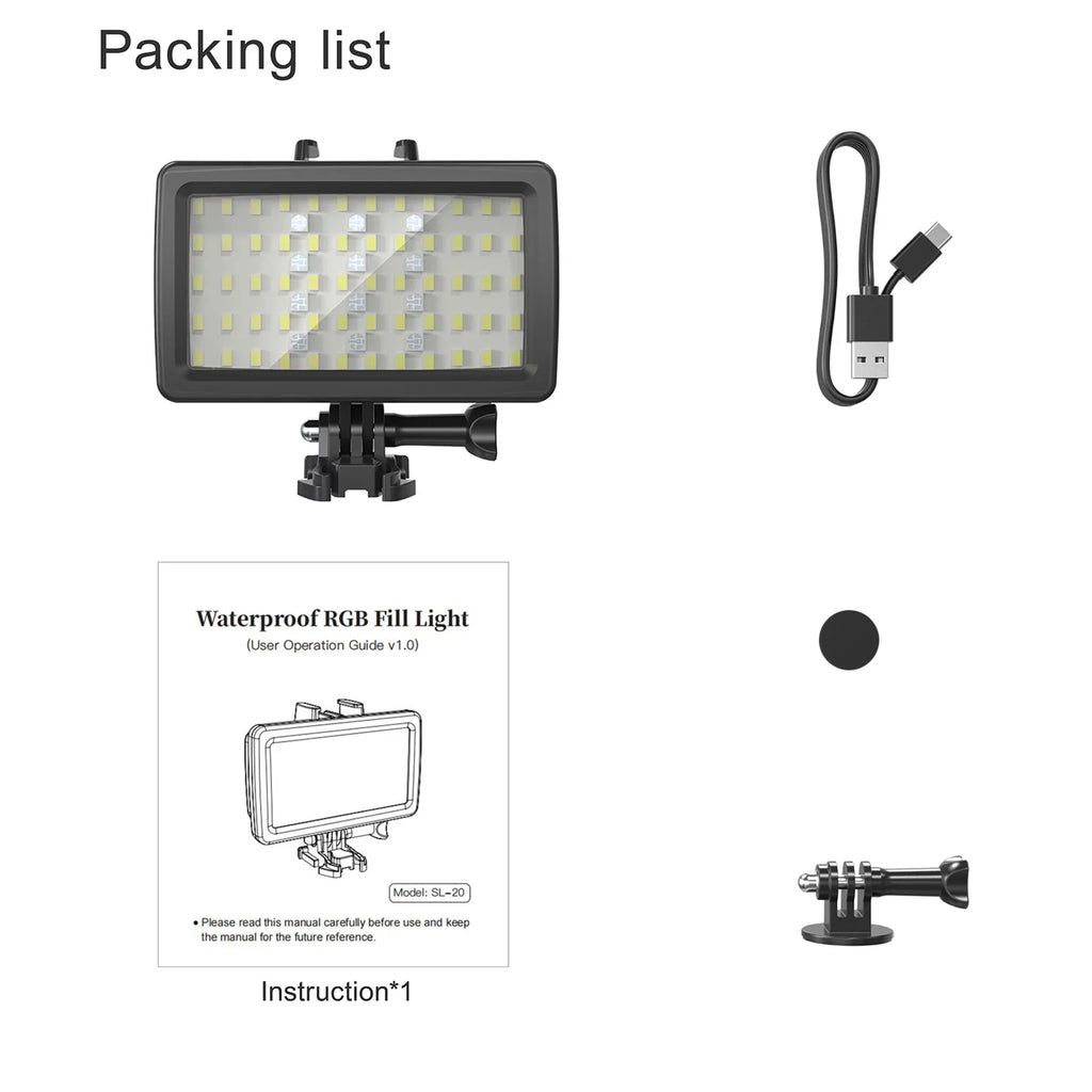 Andoer SL-20 Fluid RGB Fill Light LED Video Light 8 Modes CRI95+ Dimmable IPX8 Liquid 40M Built-in Rechargeable Battery for Diving Snorkeling Liquid Photography Video Replaceme