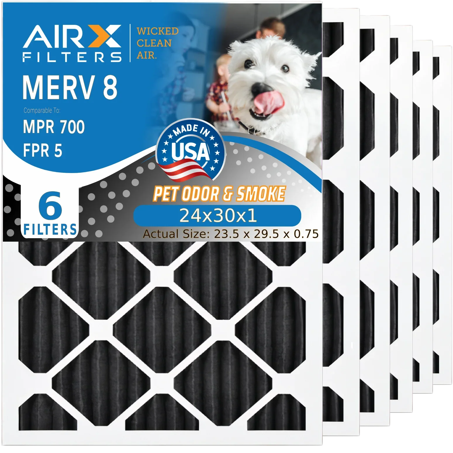 24x30x1 Air Filter Odor Eliminator Carbon Filter MERV 8 Comparable to MPR 700 & FPR 5 AC HVAC Premium USA Made 24x30x1 Furnace Filters by AIRX FILTERS WICKED CLEAN AIR. 6 Pack