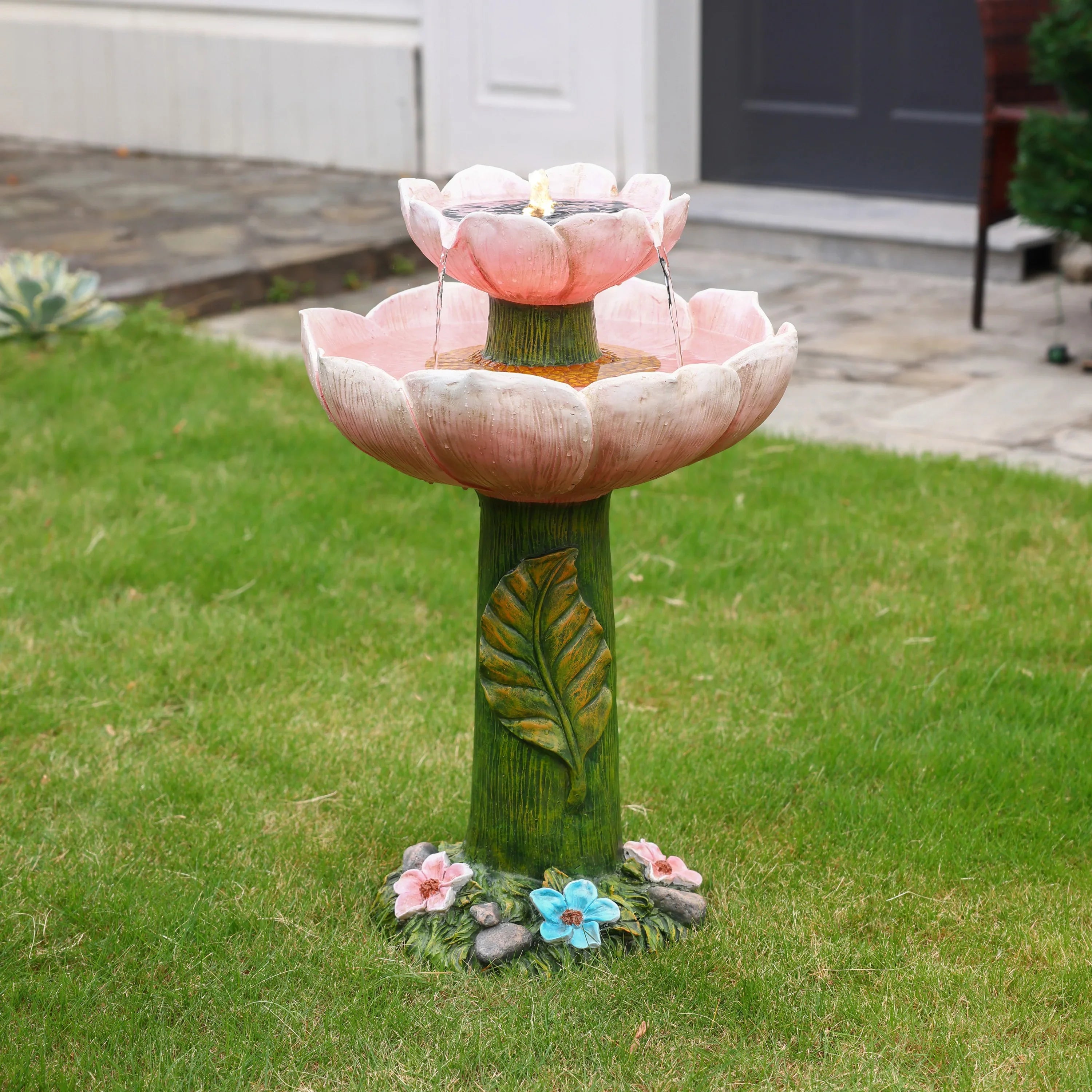 LuxenHome Solar Powered Pink Flower 2-Tier Resin Birdbath Fountain with Lights