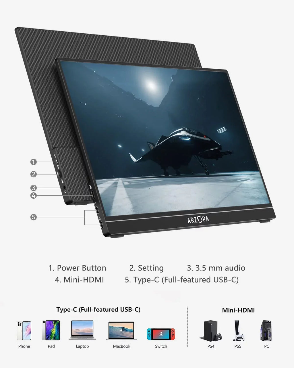 Arzopa 15.6'' 144Hz Portable Gaming Monitor, 1080P FHD USBC HDMI, External Second Display for Mobile pc PS5