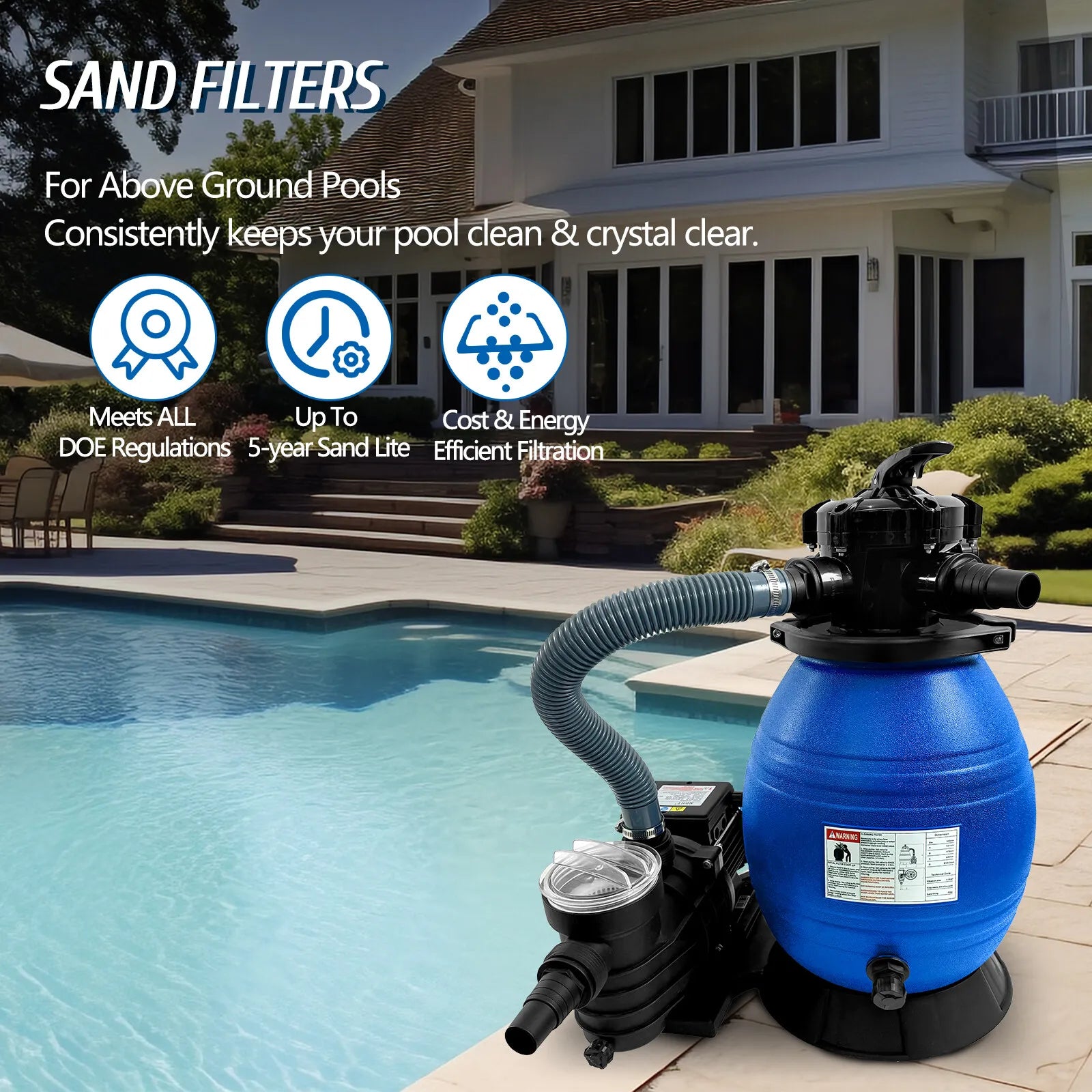 JSTUOKE 13" Pool Sand Filter, 6 Way Valve High-Flo Sand Filter Pump System w/ 3/4HP Pool Pump, Filter up to 10,000GAL Above Ground Swimming Pool