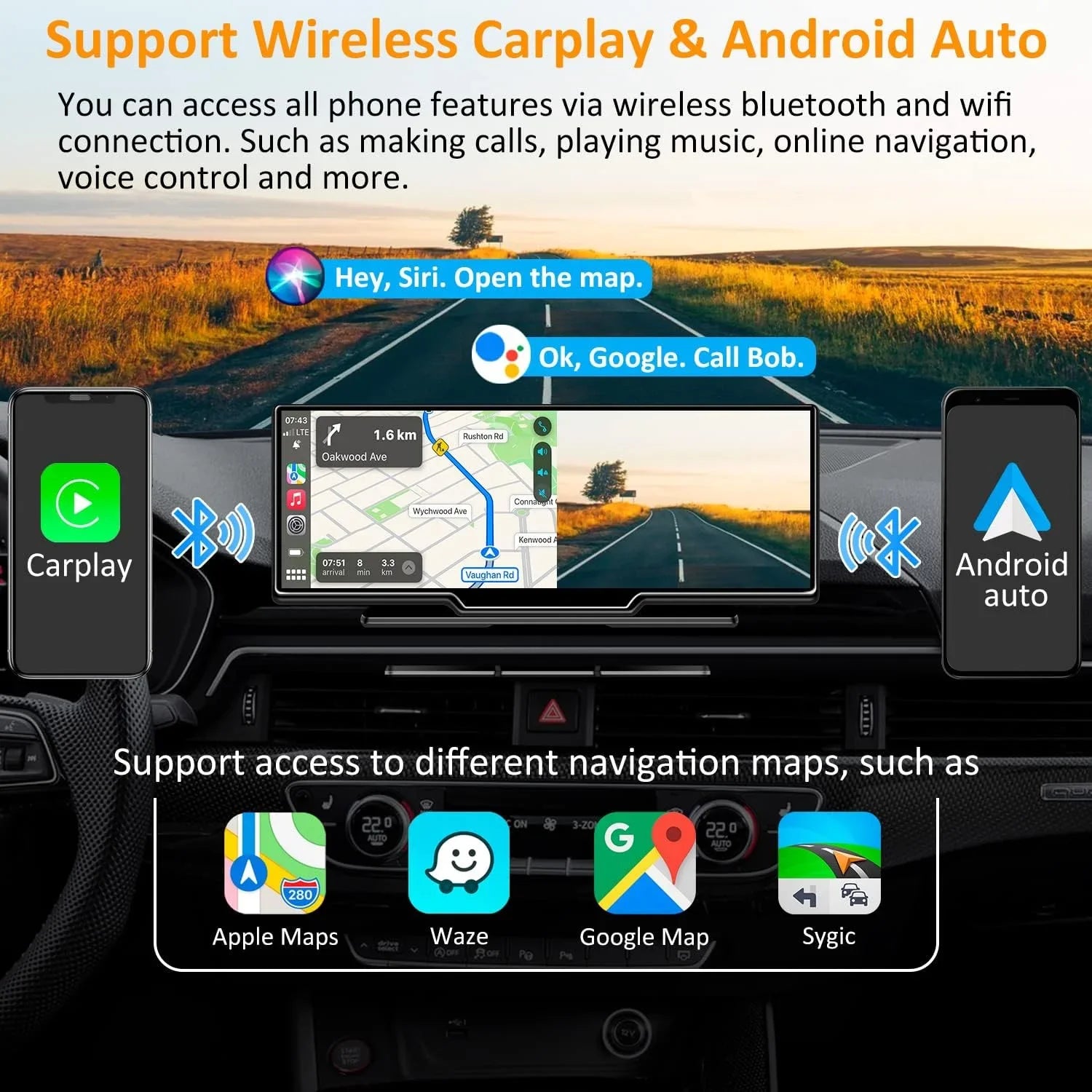 CAIHONG Portable Wireless Carplay Car Stereo with 2.5K Dash Cam - 9" HD IPS Display Android Auto, 1080p Backup Camera, Loop Recording, Bluetooth, GPS Navigation Head Unit, Car Radio Receiver