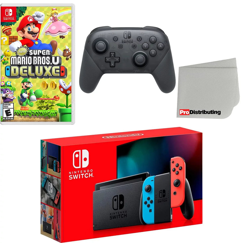Nintendo Switch Console Neon Red & Blue with Extra Wireless Controller, New Super Mario Bros. U Deluxe and Monitor Cleaning Cloth