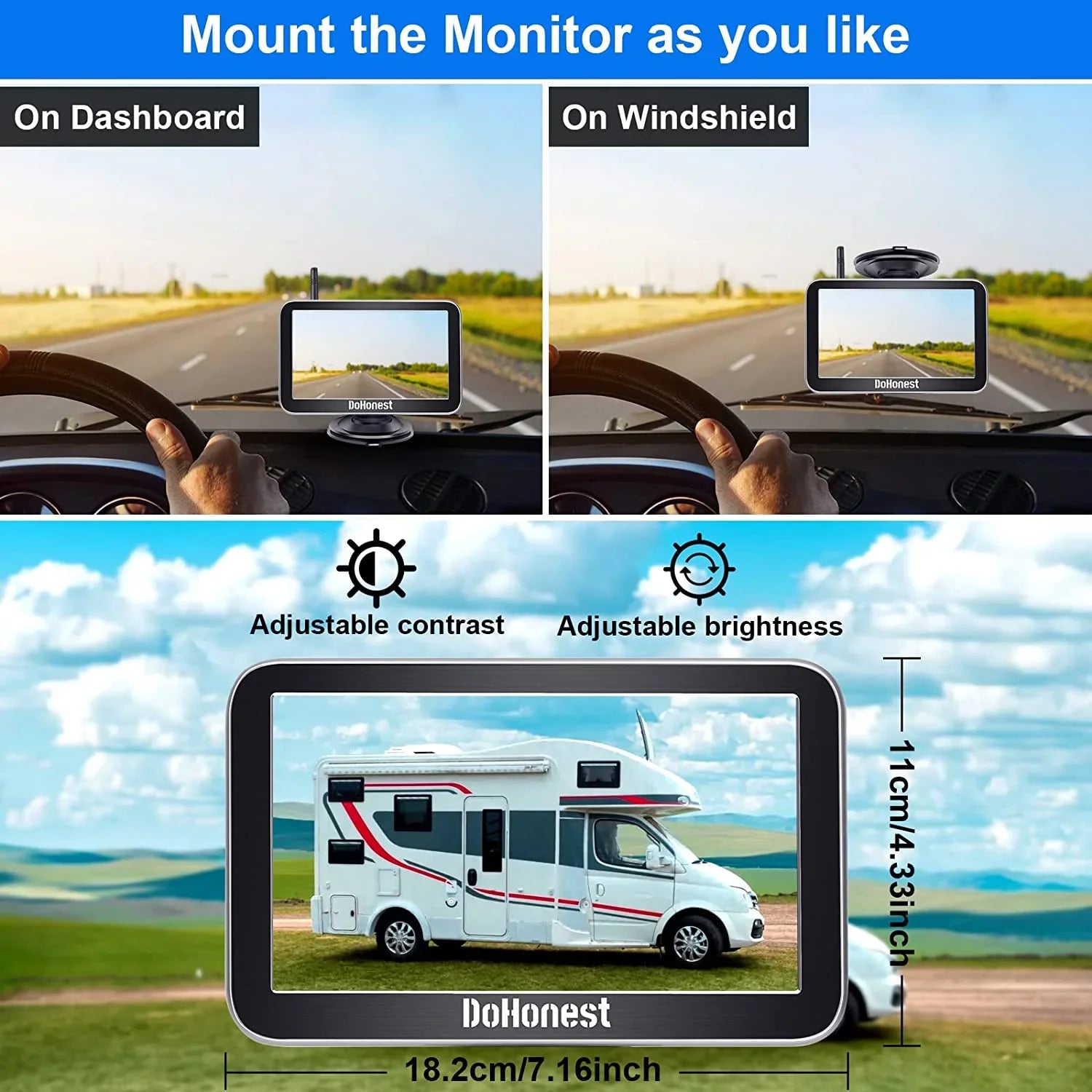 DoHonest Wireless Backup Camera 7-Inch: Plug and Play Easy to Install Truck Car Monitor Kit HD 1080P Bluetooth Reverse Cam for Pickup Camper Van Stable Signal 2 Channel Night vision Auto-Switching V