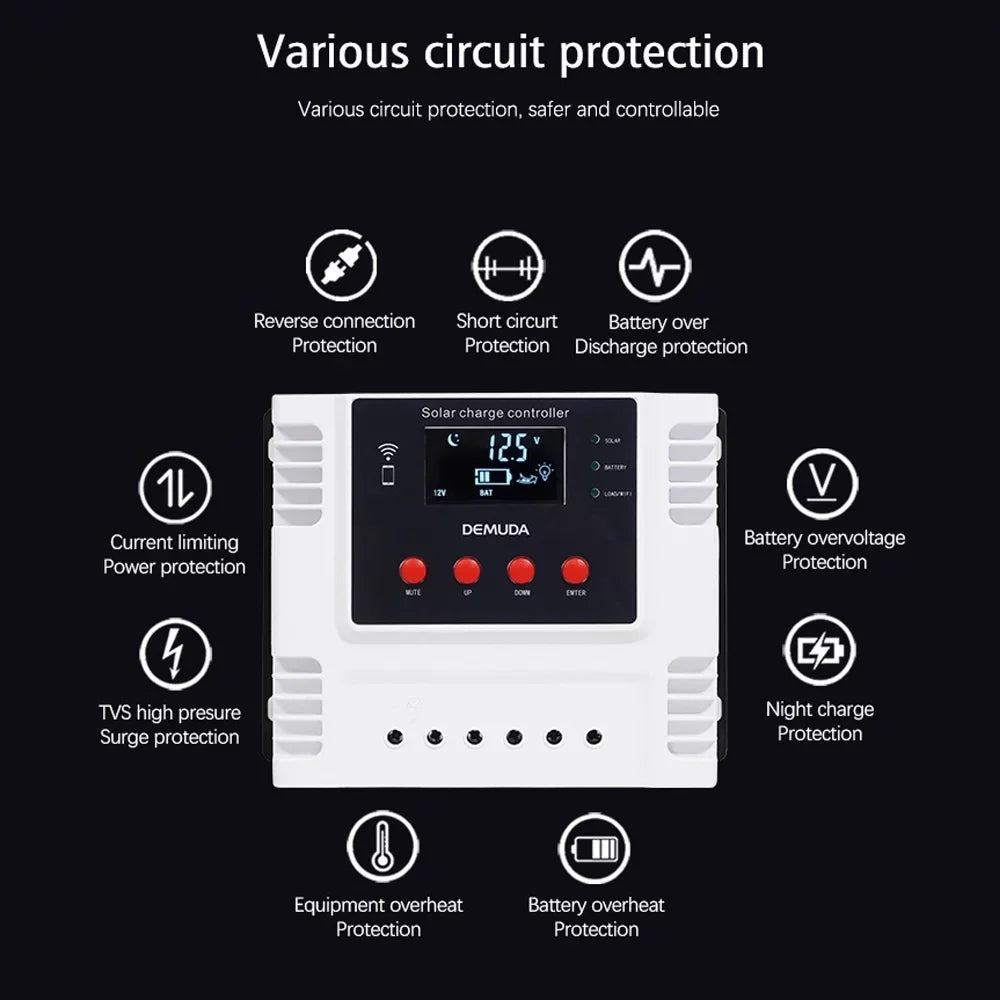 Lixada Chipset Solar Charger Controller 12V/24V with Mobile App Real-time Data LED Display for Leadacid Ternary Iron Batteries PWM