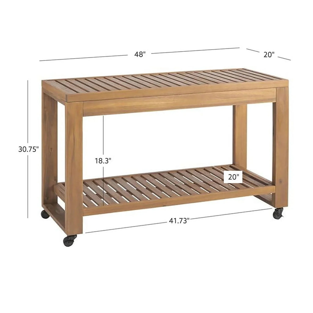 Afuera Living Wood Outdoor Rolling Kitchen Island Slatted Top & Shelf in Natural