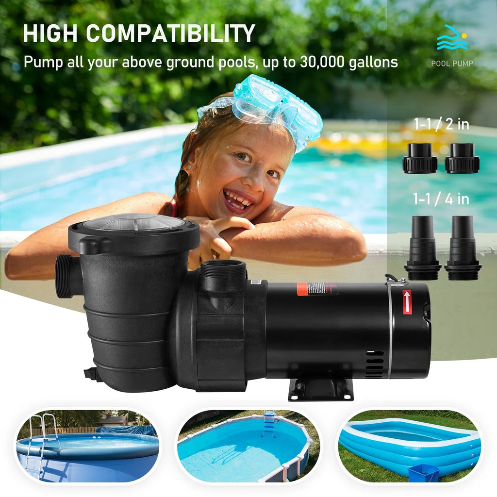 SKYSHALO Swimming Pool Pump, 1.5 115 V, 1100 W Single Speed Pump for In/ Above Ground Pool w/ Strainer Basket, 5280 GPH Max. Flow, Certification of ETL for Security