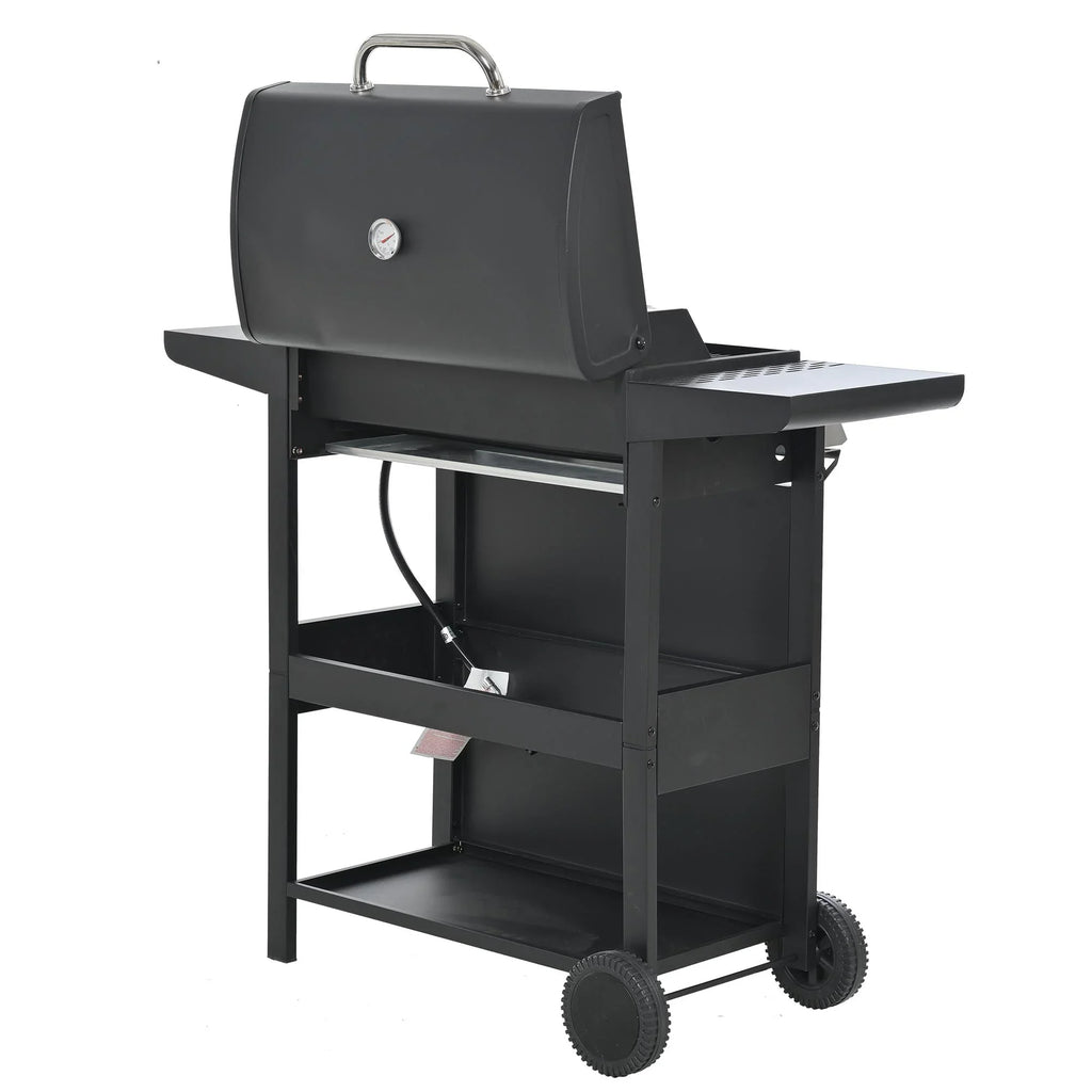 Stainless Steel BBQ Gas Grill 4-Burners Side Burner Thermometer Two Shelves Grilling Space Patio Garden Barbecue - Black